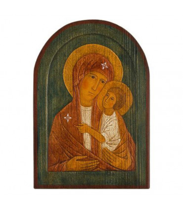 Bas relief en bois représentant la vierge peint à la main de couleur bleue