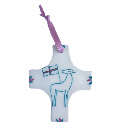 Croix agneau ruban rose