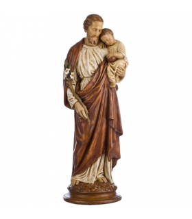 Saint Joseph à l'enfant et au lys - bois - 20cm rouge